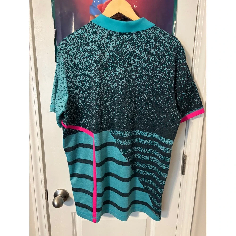 Adidas Climalite Mens Large Teal Pink Geometric 90s Style Quarter Zip Polo Shirt